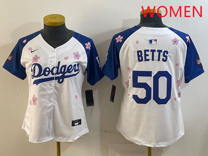 Women Los Angeles Dodgers #50 Betts White Blue Sakura Edition 2025 Nike MLB Jersey style 1